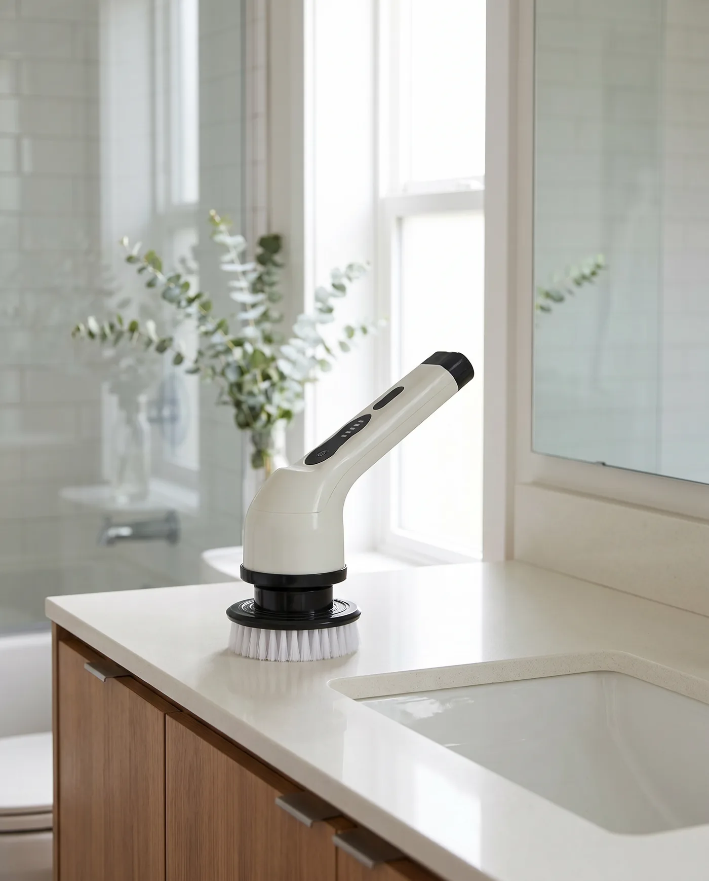Lustra spin scrubber resting on a bright, calm bathroom counter